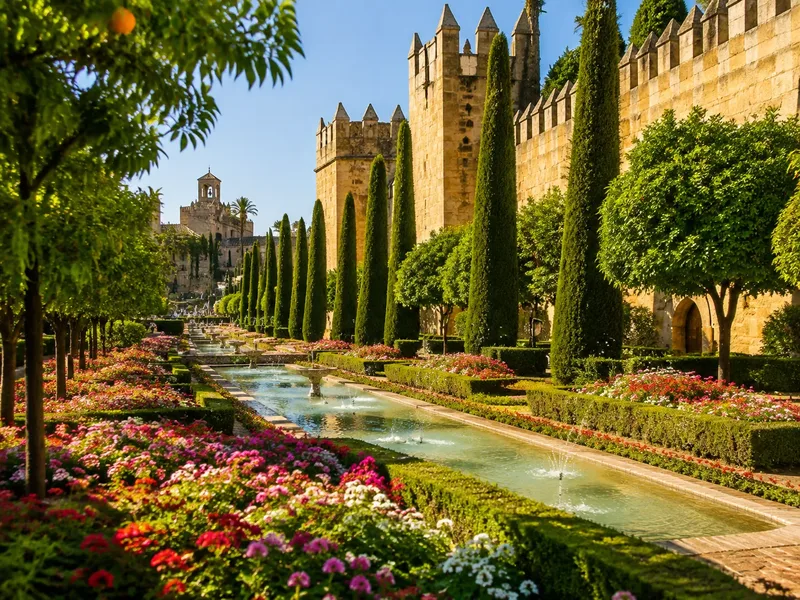 Terraced gardens with orange trees and one of three fishponds